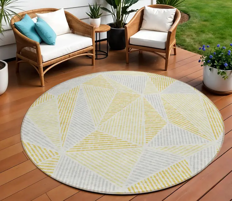 8' Gold Gray And Wheat Round Geometric Washable Indoor Outdoor Area Rug