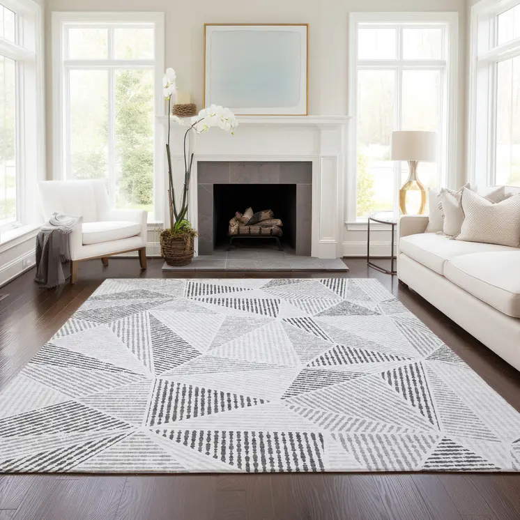 3' X 5' Gray Charcoal And Silver Geometric Washable Indoor Outdoor Area Rug