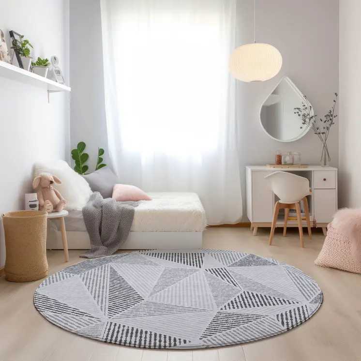 8' Gray Charcoal And Silver Round Geometric Washable Indoor Outdoor Area Rug