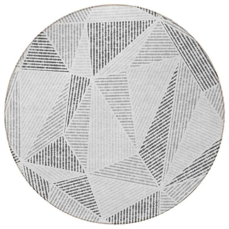 8' Gray Charcoal And Silver Round Geometric Washable Indoor Outdoor Area Rug