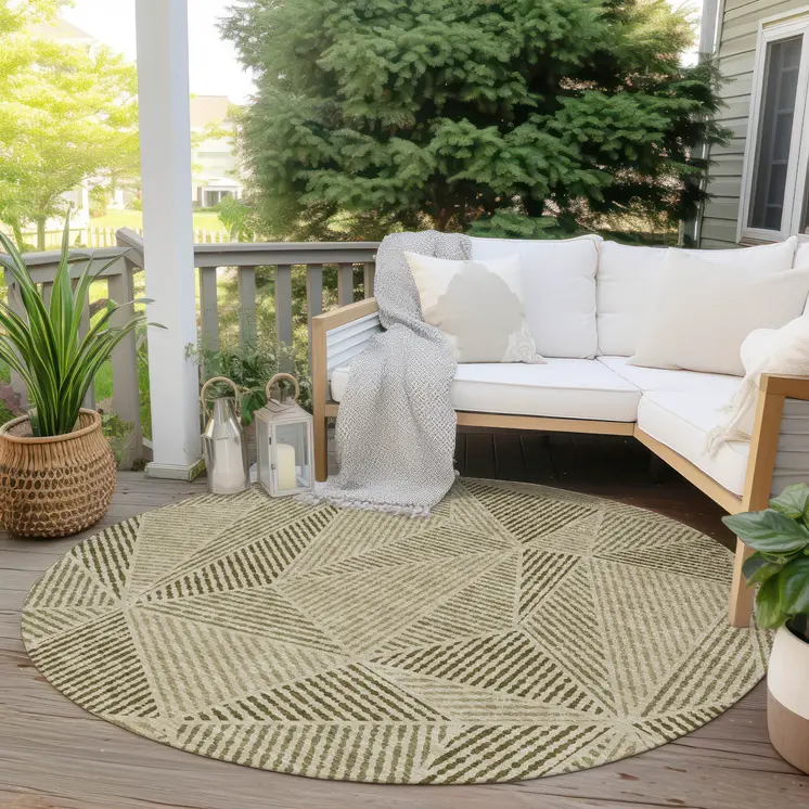 8' Khaki Brown And Beige Round Geometric Washable Indoor Outdoor Area Rug