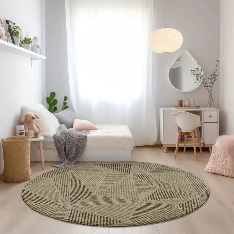 8' Khaki Brown And Beige Round Geometric Washable Indoor Outdoor Area Rug