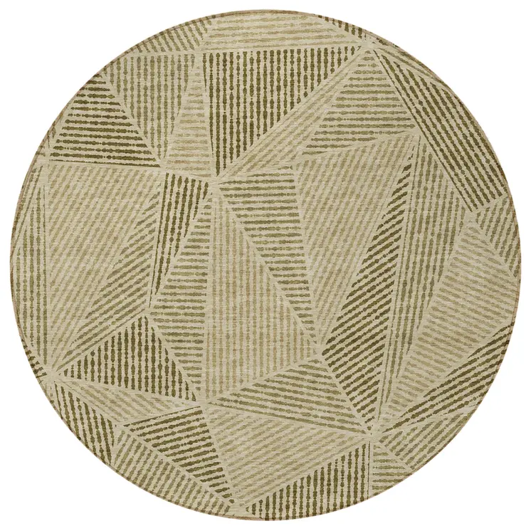 8' Khaki Brown And Beige Round Geometric Washable Indoor Outdoor Area Rug