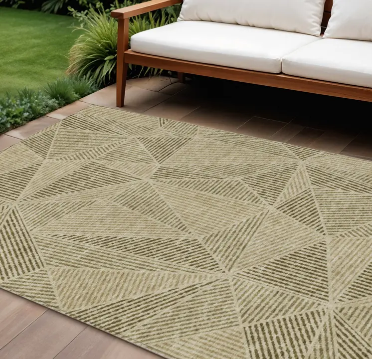 9' X 12' Khaki Brown And Beige Geometric Washable Indoor Outdoor Area Rug
