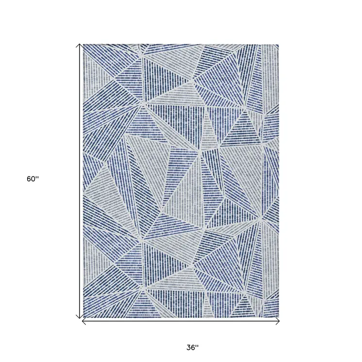 3' X 5' Navy Blue And Denim Blue Geometric Washable Indoor Outdoor Area Rug