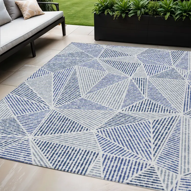5' X 8' Navy Blue And Denim Blue Geometric Washable Indoor Outdoor Area Rug