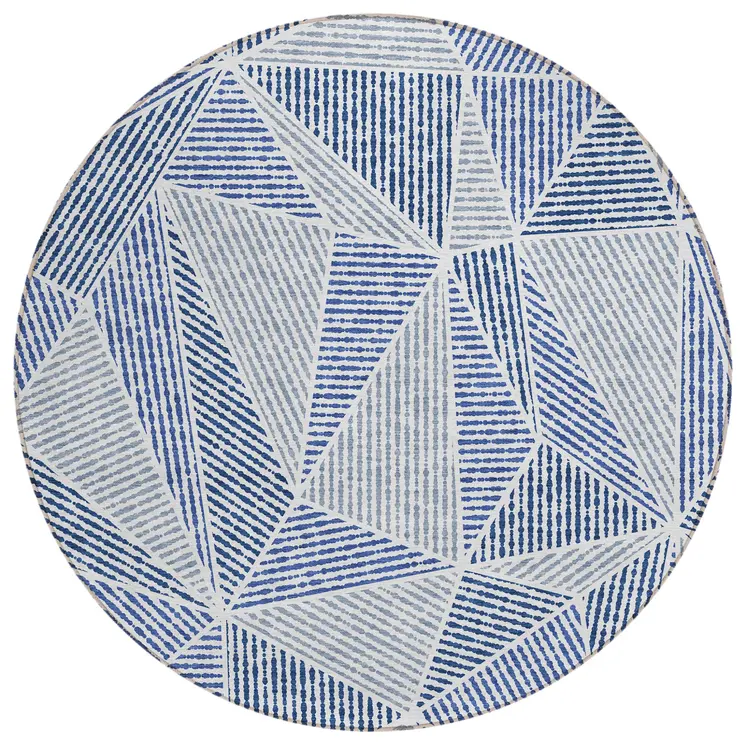 8' Navy Blue And Denim Blue Round Geometric Washable Indoor Outdoor Area Rug