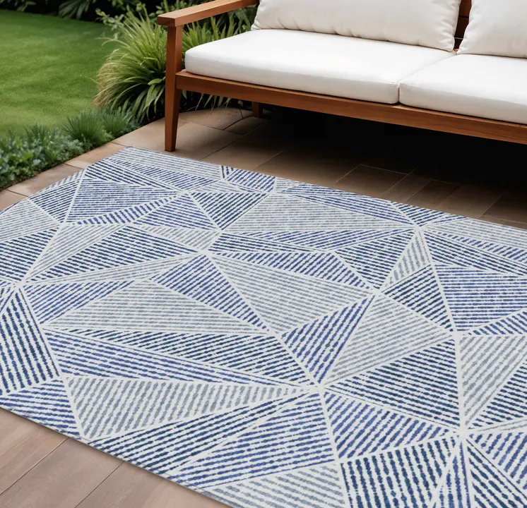 8' X 10' Navy Blue And Denim Blue Geometric Washable Indoor Outdoor Area Rug