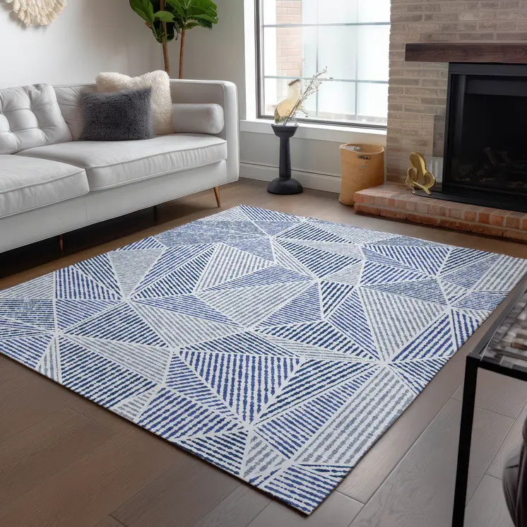 8' X 10' Navy Blue And Denim Blue Geometric Washable Indoor Outdoor Area Rug