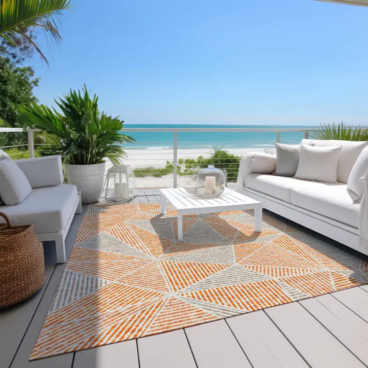 5' X 8' Orange Gray And Silver Geometric Washable Indoor Outdoor Area Rug