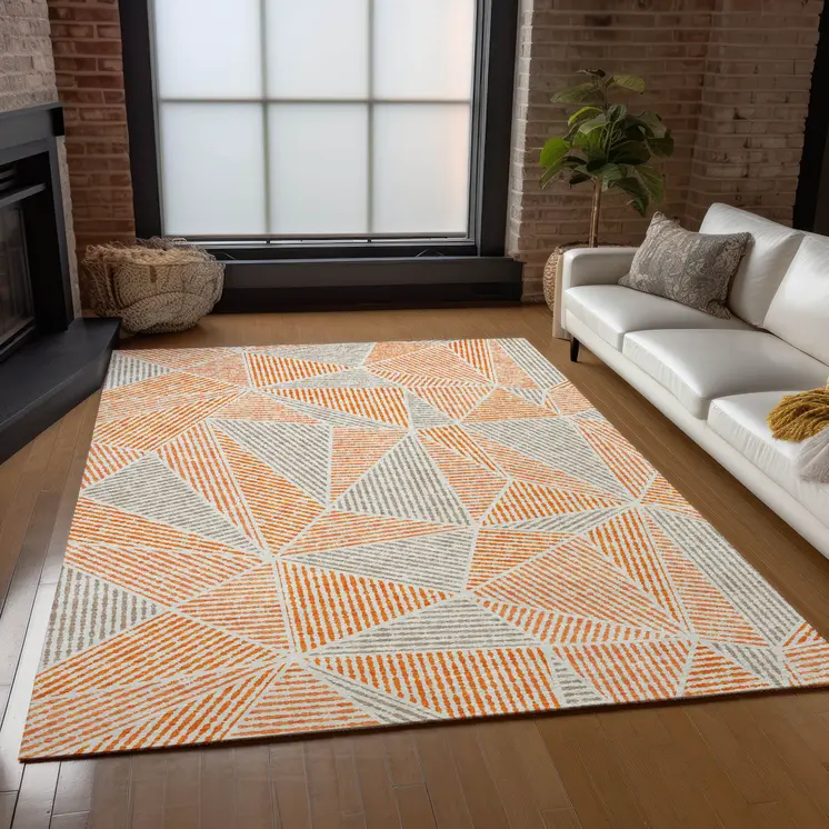 5' X 8' Orange Gray And Silver Geometric Washable Indoor Outdoor Area Rug