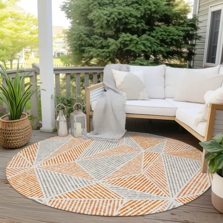 8' Orange Gray And Silver Round Geometric Washable Indoor Outdoor Area Rug