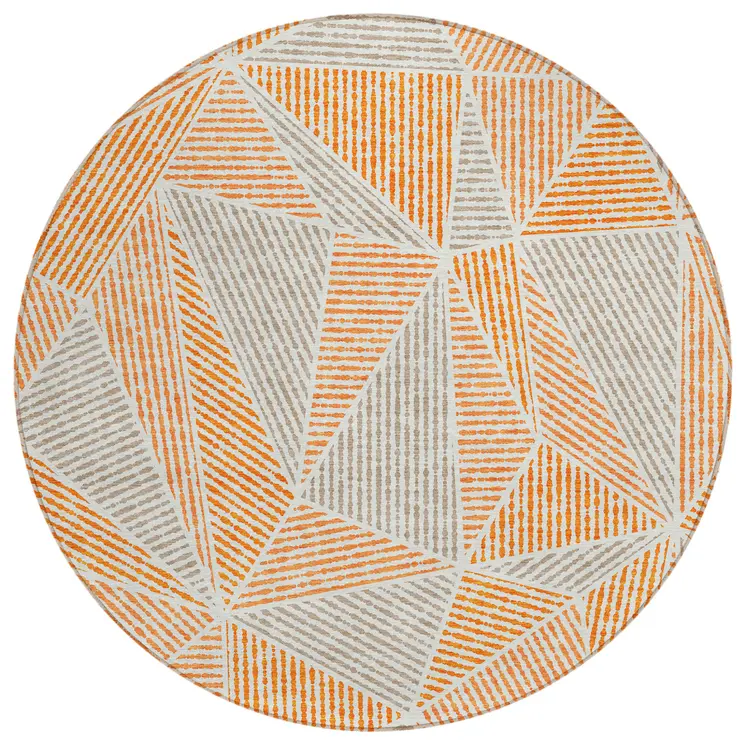 8' Orange Gray And Silver Round Geometric Washable Indoor Outdoor Area Rug