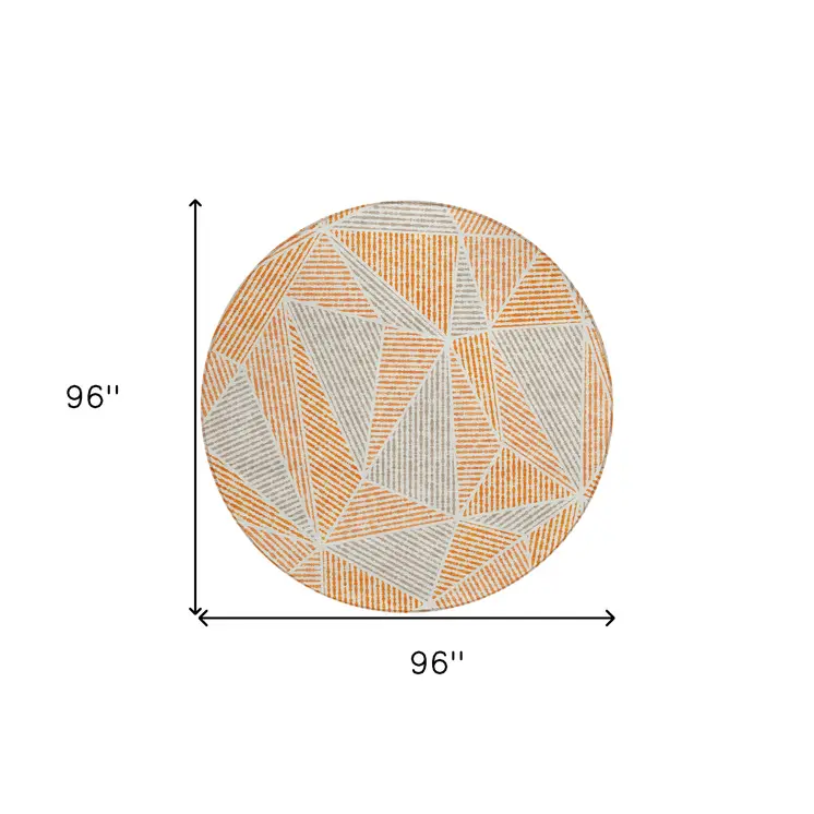 8' Orange Gray And Silver Round Geometric Washable Indoor Outdoor Area Rug