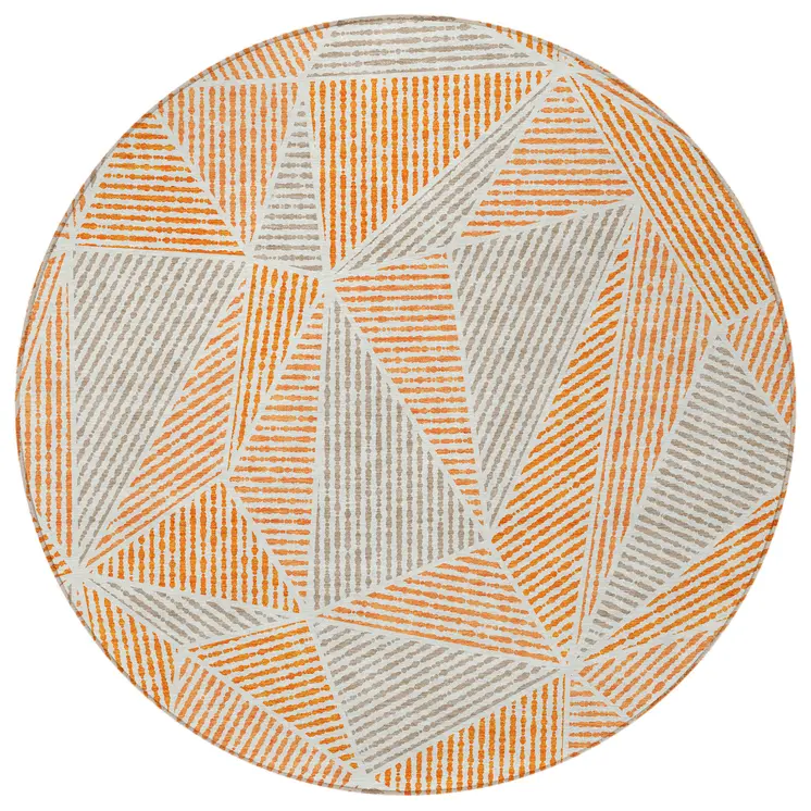 8' Orange Gray And Silver Round Geometric Washable Indoor Outdoor Area Rug