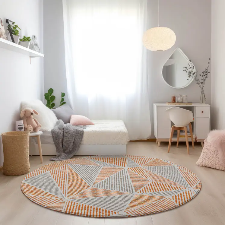 8' Orange Gray And Silver Round Geometric Washable Indoor Outdoor Area Rug