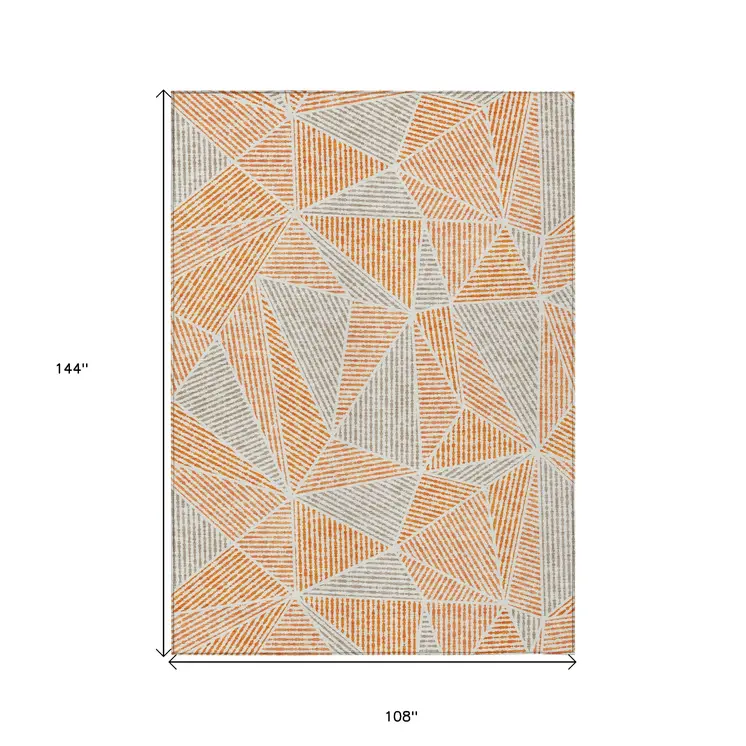 9' X 12' Orange Gray And Silver Geometric Washable Indoor Outdoor Area Rug