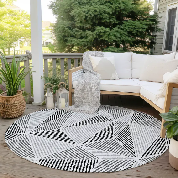 8' Pewter Charcoal And Gray Round Geometric Washable Indoor Outdoor Area Rug