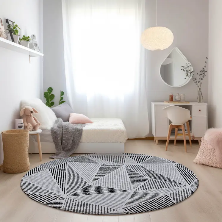 8' Pewter Charcoal And Gray Round Geometric Washable Indoor Outdoor Area Rug