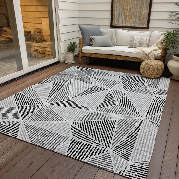 8' X 10' Pewter Charcoal And Gray Geometric Washable Indoor Outdoor Area Rug
