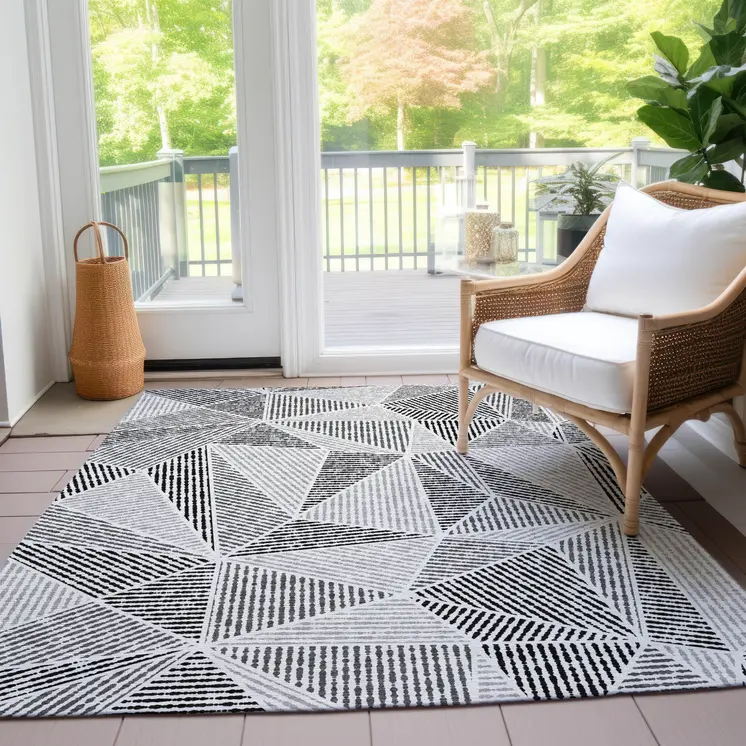 10' X 14' Pewter Charcoal And Gray Geometric Washable Indoor Outdoor Area Rug