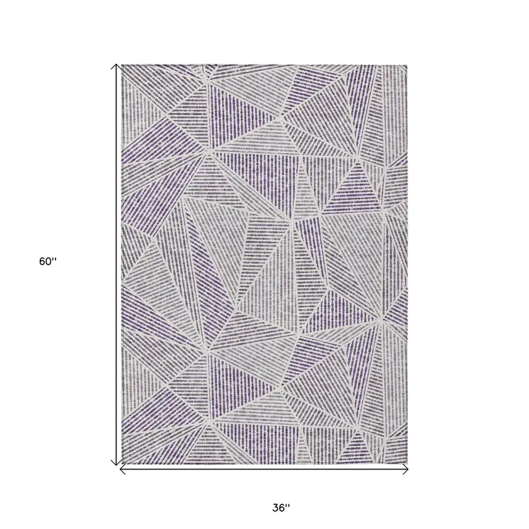 3' X 5' Purple Lilac And Silver Geometric Washable Indoor Outdoor Area Rug
