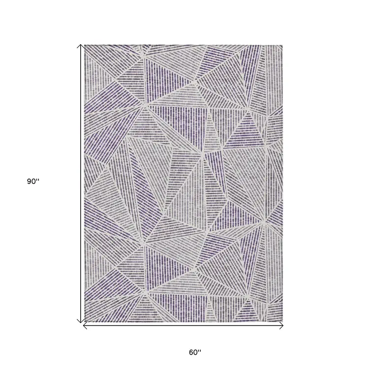 5' X 8' Purple Lilac And Silver Geometric Washable Indoor Outdoor Area Rug