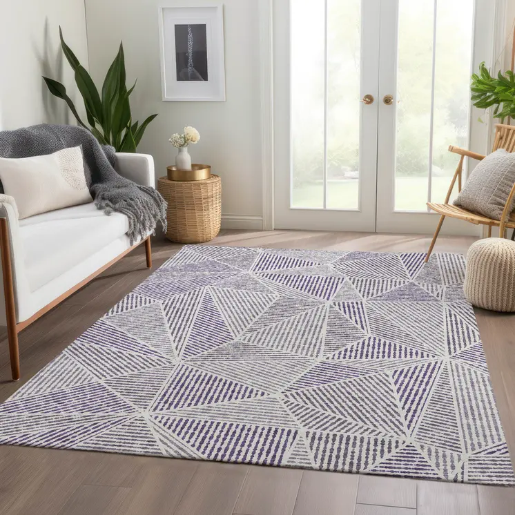 8' X 10' Purple Lilac And Silver Geometric Washable Indoor Outdoor Area Rug