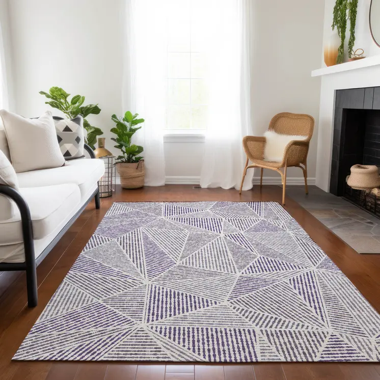 8' X 10' Purple Lilac And Silver Geometric Washable Indoor Outdoor Area Rug