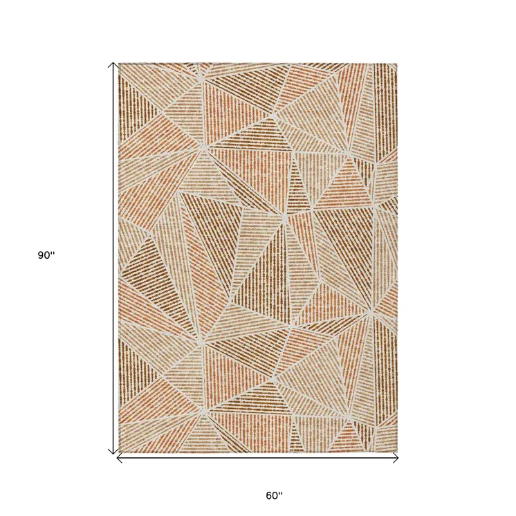 5' X 8' Terra Cotta Beige And Salmon Geometric Washable Indoor Outdoor Area Rug