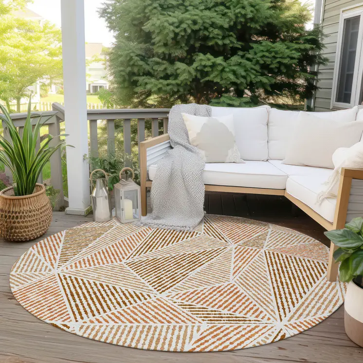 8' Terra Cotta Beige And Salmon Round Geometric Washable Indoor Outdoor Area Rug