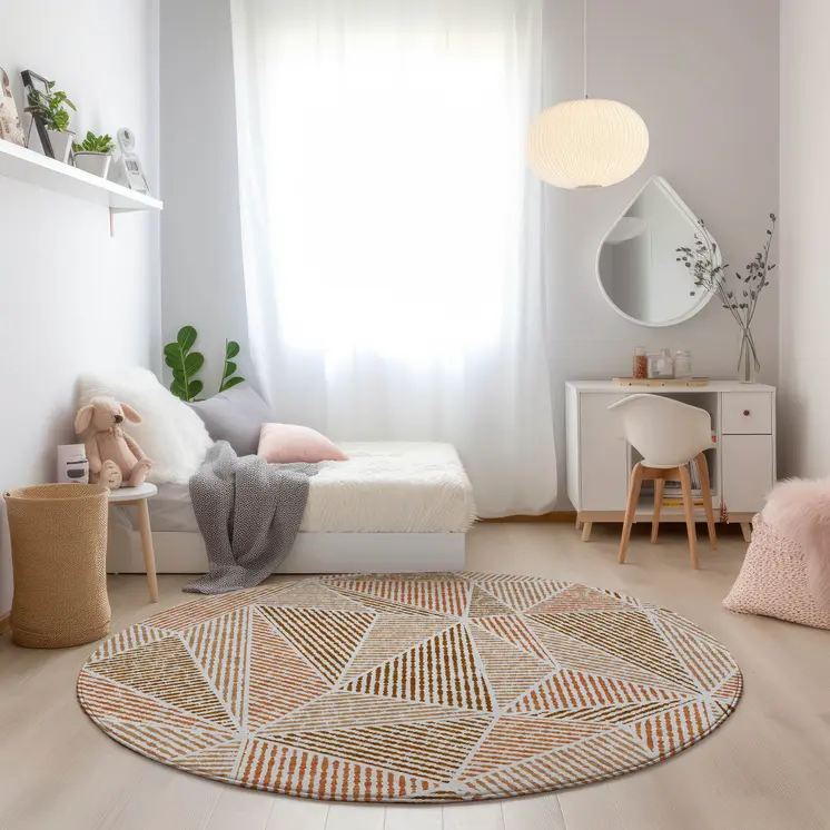 8' Terra Cotta Beige And Salmon Round Geometric Washable Indoor Outdoor Area Rug