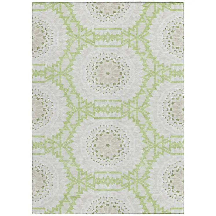 3' X 5' Artichoke Green Olive Green And Tan Floral Medallion Washable Indoor Outdoor Area Rug