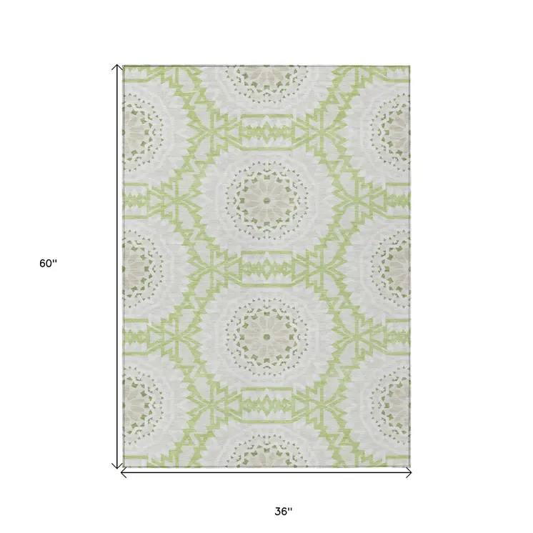 3' X 5' Artichoke Green Olive Green And Tan Floral Medallion Washable Indoor Outdoor Area Rug