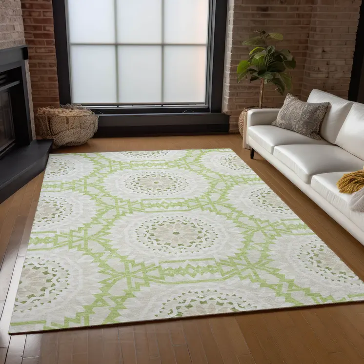3' X 5' Artichoke Green Olive Green And Tan Floral Medallion Washable Indoor Outdoor Area Rug