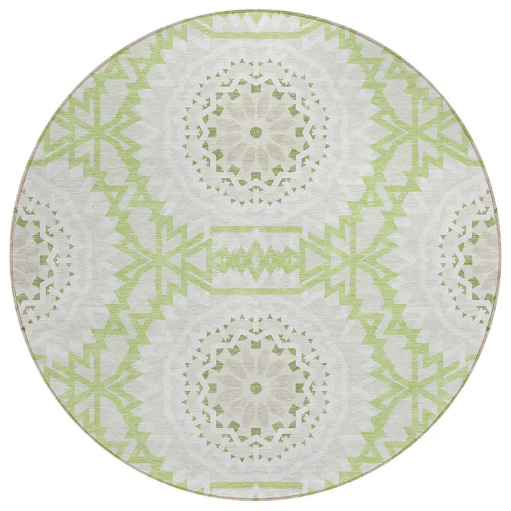 8' Artichoke Green Olive Green And Tan Round Floral Medallion Washable Indoor Outdoor Area Rug