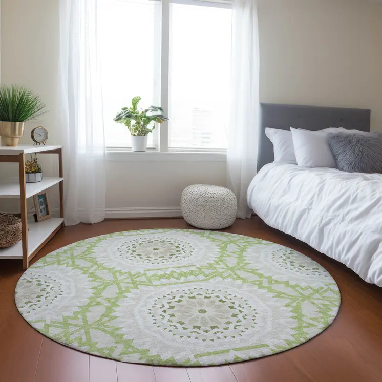 8' Artichoke Green Olive Green And Tan Round Floral Medallion Washable Indoor Outdoor Area Rug