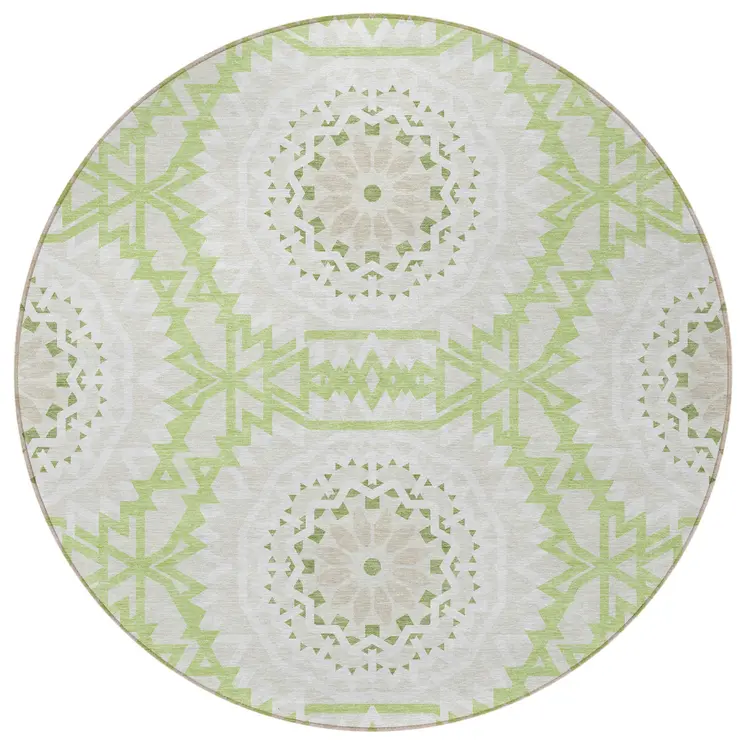 8' Artichoke Green Olive Green And Tan Round Floral Medallion Washable Indoor Outdoor Area Rug