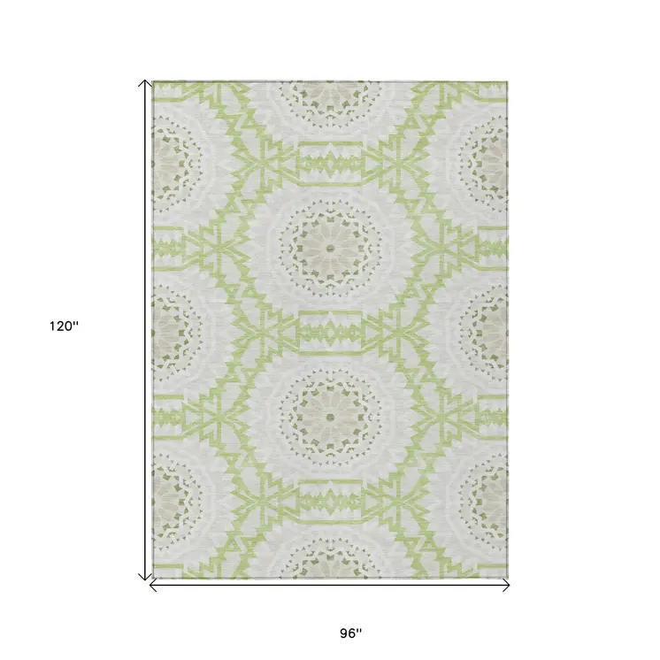 8' X 10' Artichoke Green Olive Green And Tan Floral Medallion Washable Indoor Outdoor Area Rug