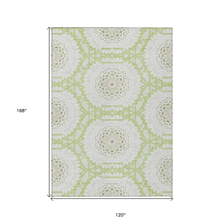 10' X 14' Artichoke Green Olive Green And Tan Floral Medallion Washable Indoor Outdoor Area Rug