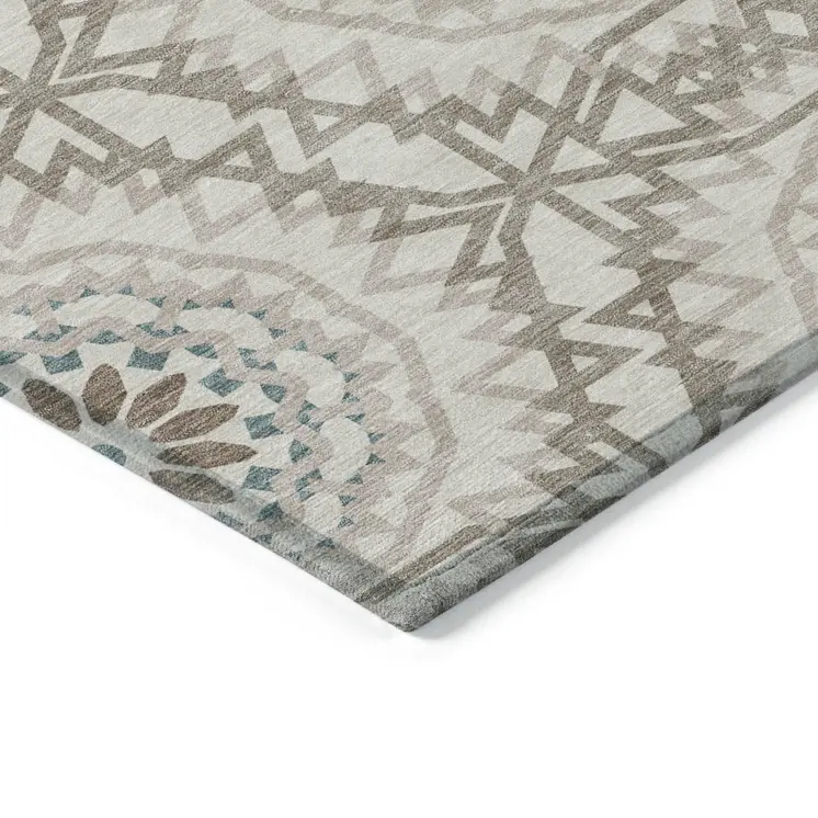 5' X 8' Beige Brown And Teal Blue Floral Medallion Washable Indoor Outdoor Area Rug