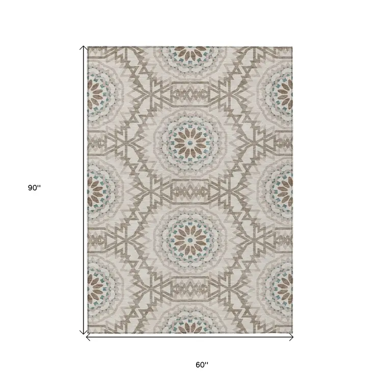 5' X 8' Beige Brown And Teal Blue Floral Medallion Washable Indoor Outdoor Area Rug