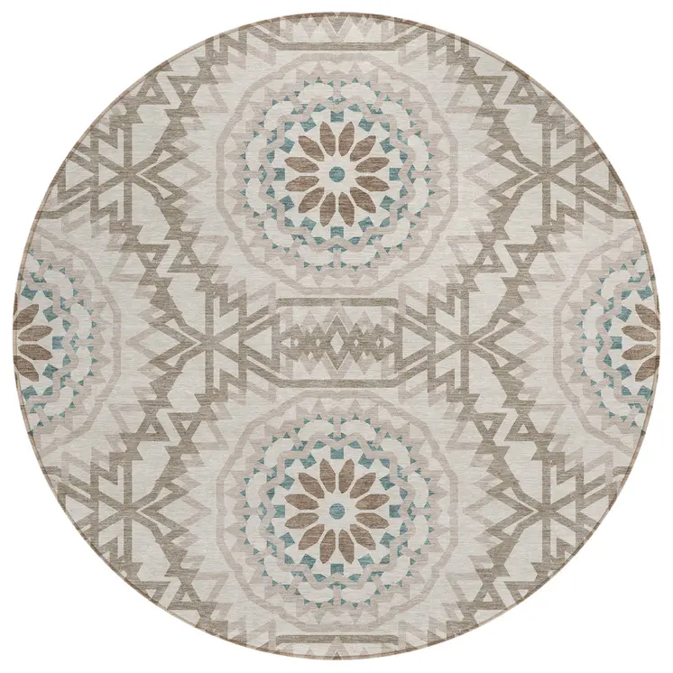 8' Beige Brown And Teal Blue Round Floral Medallion Washable Indoor Outdoor Area Rug