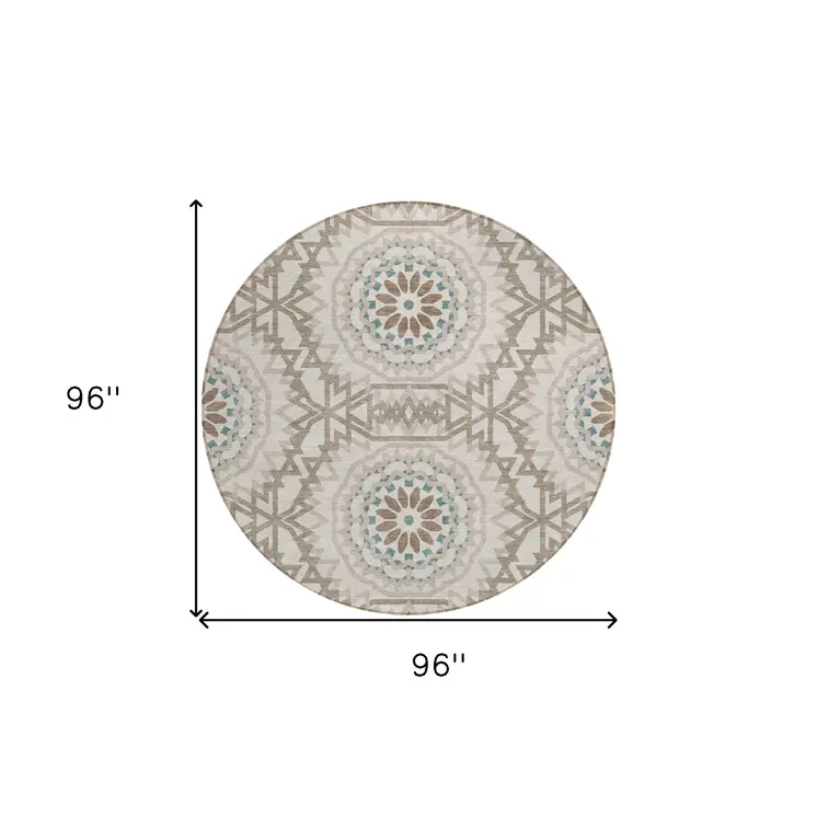 8' Beige Brown And Teal Blue Round Floral Medallion Washable Indoor Outdoor Area Rug