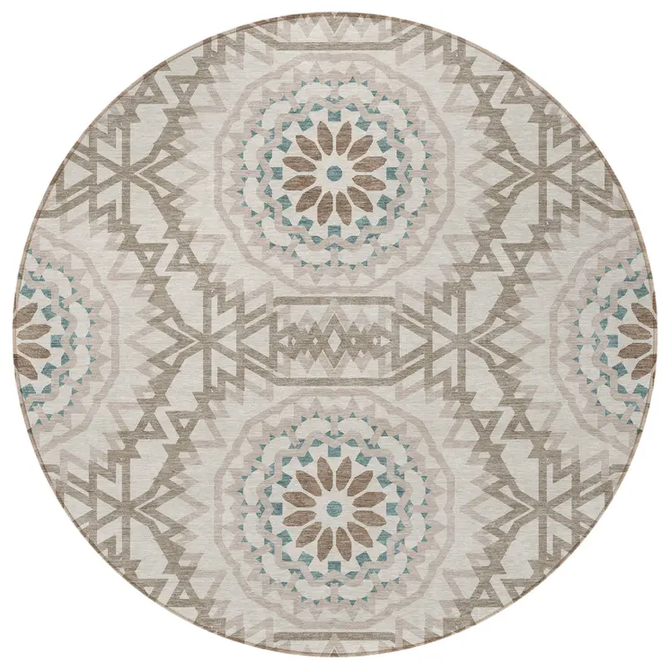8' Beige Brown And Teal Blue Round Floral Medallion Washable Indoor Outdoor Area Rug