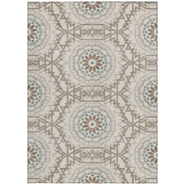 8' X 10' Beige Brown And Teal Blue Floral Medallion Washable Indoor Outdoor Area Rug