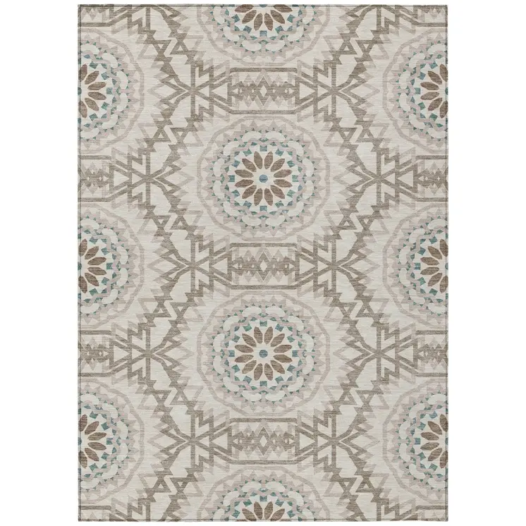 8' X 10' Beige Brown And Teal Blue Floral Medallion Washable Indoor Outdoor Area Rug