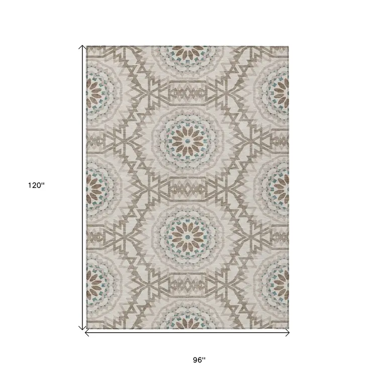 8' X 10' Beige Brown And Teal Blue Floral Medallion Washable Indoor Outdoor Area Rug