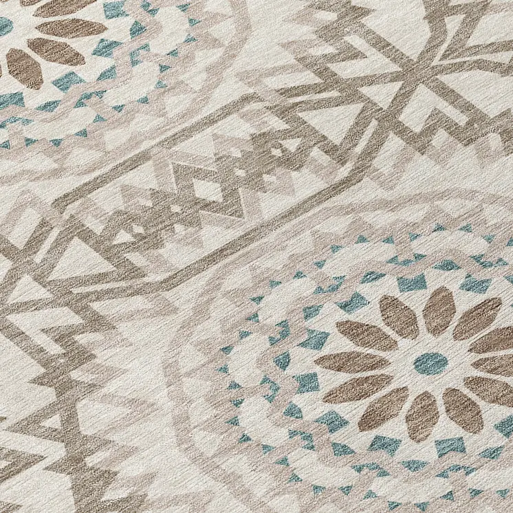 8' X 10' Beige Brown And Teal Blue Floral Medallion Washable Indoor Outdoor Area Rug