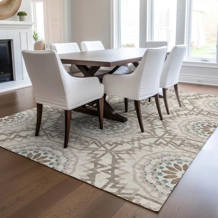 8' X 10' Beige Brown And Teal Blue Floral Medallion Washable Indoor Outdoor Area Rug